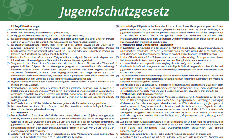 ugendschutzgesetz – aktuelle Version als Informationsplakat und PDF Aktuelles Jugendschutzgesetz als Informationsplakat in DIN A4 für Spielerschutz und Jugendprävention